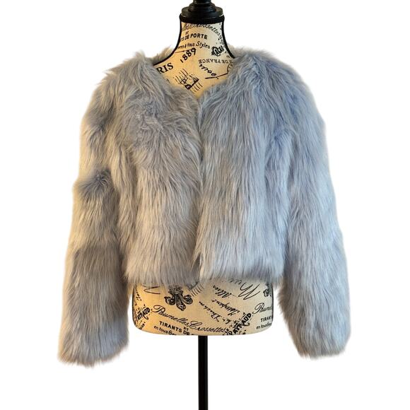 Azelea Wang Blue Vegan Faux Fur Crop Jacket Coat size Women’s XL - Picture 1 of 9